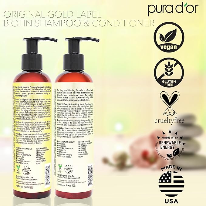 PURA D'OR Anti-Thinning Biotin Shampoo and Conditioner Natural Earthy Scent, CLINICALLY TESTED Effective Results, Herbal Blend Thickening Products For Women & Men, Original Gold Label Set, 8oz x2
