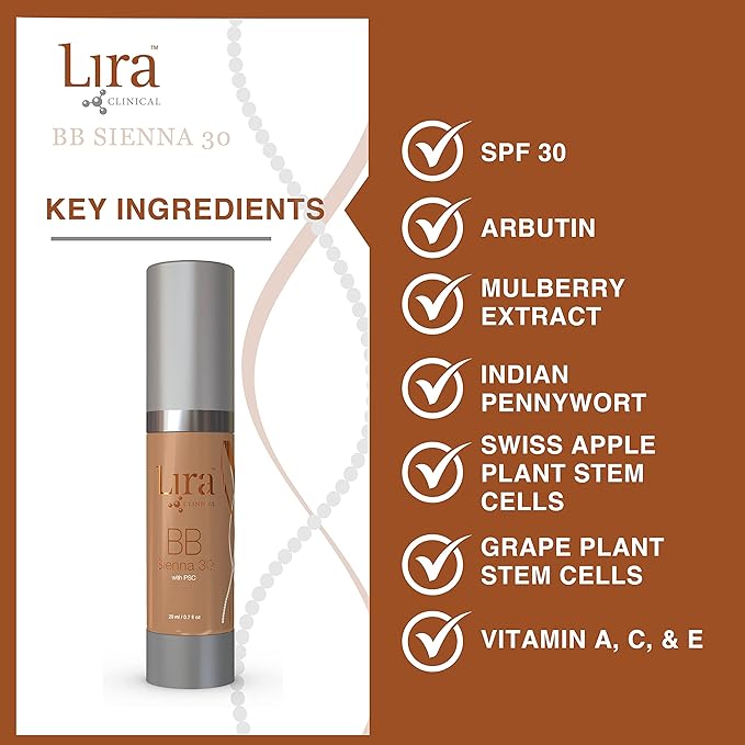 Lira Clinical BB - SPF 30 Tinted BB Cream with PSC & Vitamins - Full coverage - 0.7 fl oz. (BB Sienna 30)