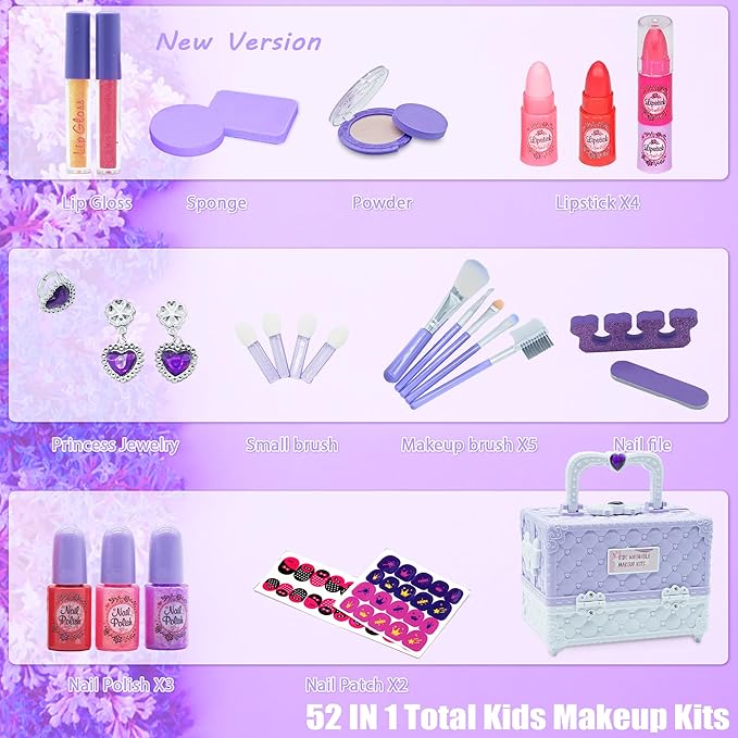 Kids Makeup Sets for Girls - 52 PCS Safe and Washable Makeup for Kids, Real Toddler Makeup Kit with Cosmetic Case, Girls Toys Age 4-12, Princess Toys Birthday Gift(Light Purple)