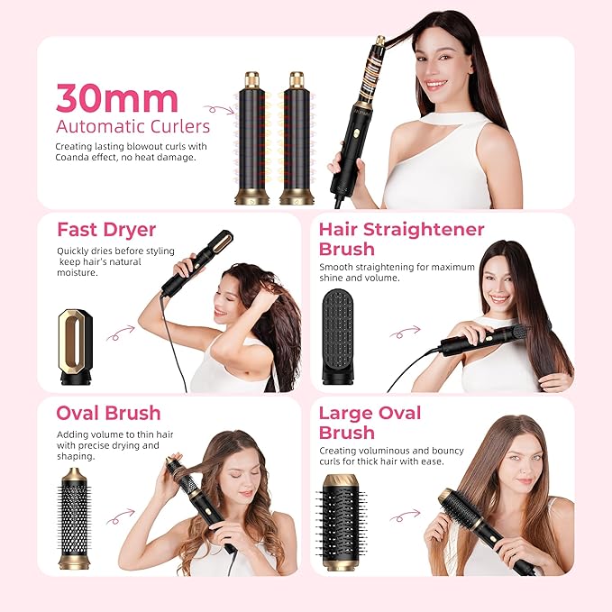 6 in 1 Air Styler Magic Hair Dryer Brush, Negative Ionic Blow Dryer Brush & 3 Heat Settings, Detachable Auto Curling & Straightening Volumizing, Frizz-Free Styling, Salon to Home Use (A-Black)