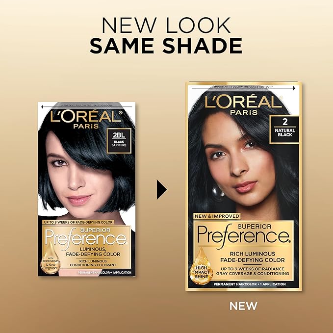 L'Oreal Paris Superior Preference Luminous Fade-Defying Permanent Hair Color, Hair Dye For Up to 9 Weeks of Radiance, Natural Black 2, 1 Hair Dye Kit