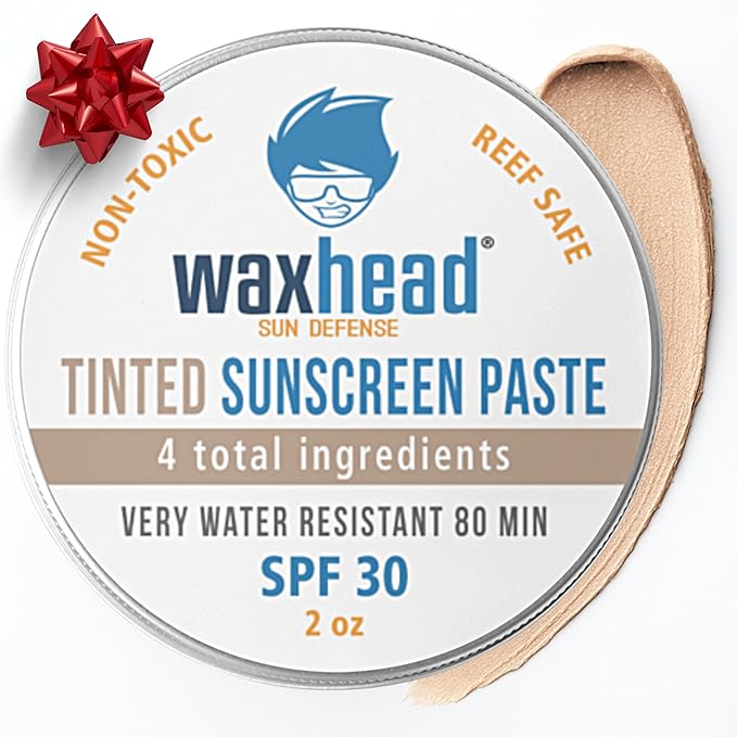 Waxhead Tinted Zinc Oxide Surf Sunscreen SPF 30 for Face, 4 Ingredient Reef Safe Zinc Paste, Waterproof Sunblock for Swimming, Sensitive Skin and Eczema, Tinted Scar and Tattoo Protection, 2oz Tin