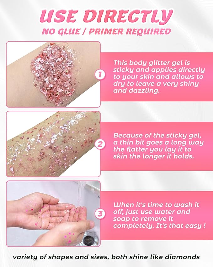 6PCS Pink Face Body Glitter Gel，Mermaid Holographic Sequins Chunky Glitter Paint for Party Singer Concerts Music Festival Rave Accessories for Girls Women Face Body Hair Sparkling Makeup