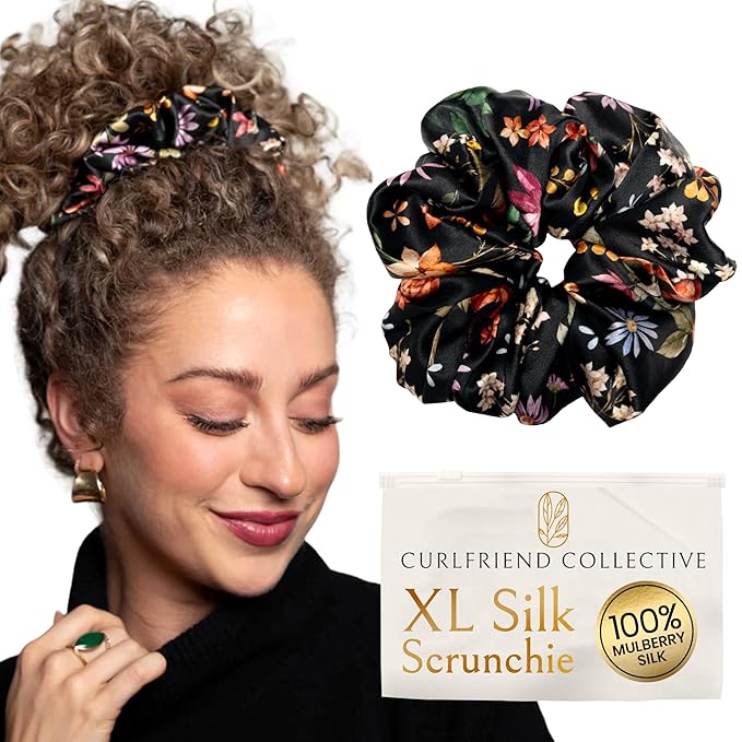 Silk Scrunchies Ponytail Holders – Oversized Mulberry Silk Scrunchies – Extra Large No Damage Hair Ties for Curly, Thick, and Thin - Hair Accessories for Women – Midnight Blooms, XL By Curlfriend