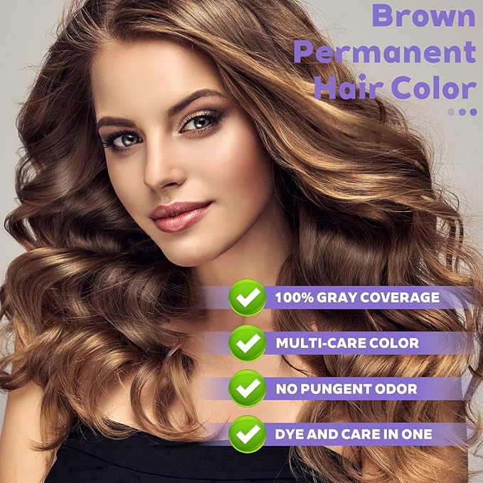 Brown Permanent Hair Color - Full Gray Coverage, Enriched with Botanical Extracts, Includes Hair Coloring Tools - For Men & Women