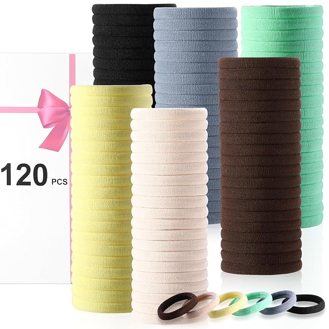 LuSeren 120 Pcs No Damage Thick Hair Ties, Large Soft Seamless Nylon Cloth Hair Elastics for Women - Neutrals 5