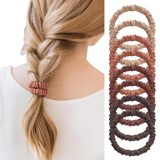 8Pcs Mulberry Silk Scrunchies & Hair Ties - No Crease Skinny Scrunchies Elastic Set for Women All Hair Types, Reduces Breakage (Earth Tones)