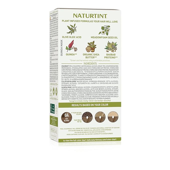 Naturtint 8A Ash Blonde Permanent Hair Color (Pack of 1), Ammonia Free, Vegan, Cruelty Free, up to 100% Gray Coverage, Long Lasting Results (Packaging may vary)