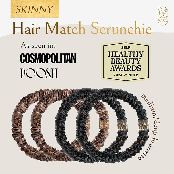 Mulberry Silk Skinny Hair Match Scrunchies for Women, Anti-Breakage Hair Ties for Curly, Thick & Thin Hair, 100% Silk, Satin Hair Scrunchies for Buns & Ponytails, Brown/Medium/Deep Brunette, 4-Pack