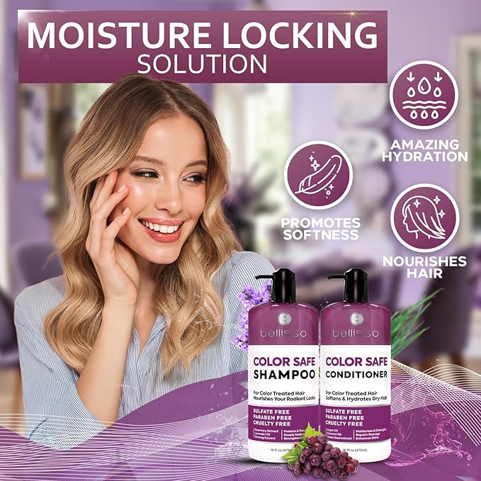 Color Safe Shampoo and Conditioner Set – Anti-Fade Protection for Color Treated, Dyed & Highlighted Hair – Sulfate & Paraben Free, Hydrating Formula with Rosemary, Coconut & Argan Oil for Women & Men