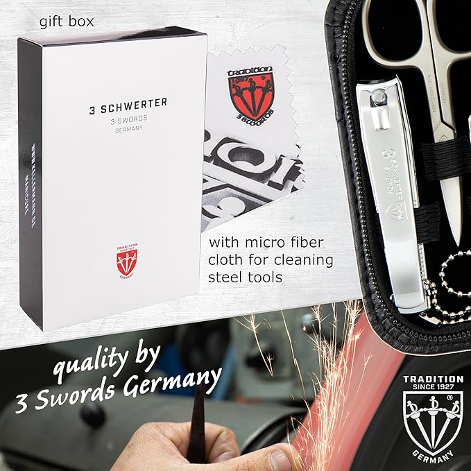 3 Swords Germany – brand quality 8 piece manicure pedicure grooming kit set for professional nail care with synthetic leather case ostrich black - Made in Germany