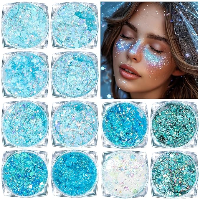 Body Glitter Face Glitter, Hair Glitter for Kids, 12 Shapes Fine Chunky Glitter Gel for Women Girls Makeup Sparkles Party Mermaid Sequins Rave Accessories Singer Concerts Festival (Blue Scheme)