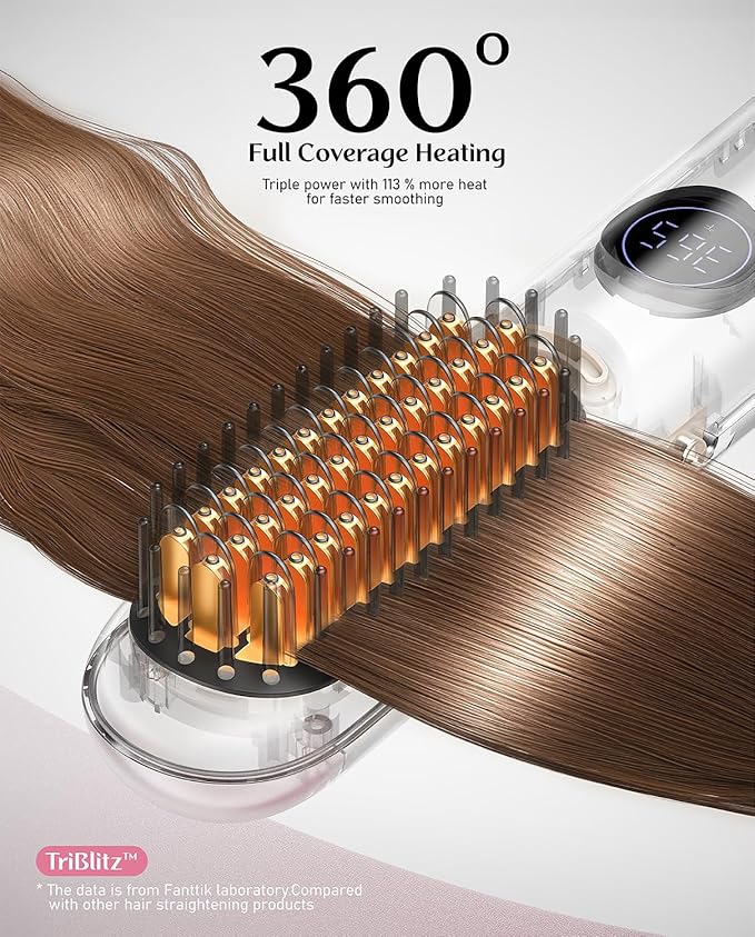 Fanttik Solo I10 APEX Portable Hair Straightener Brush, Cordless Straightening Comb with 113% Larger Heating Area, LED Display & Ceramic Coating, Ionic Technology & Safe Mode - Pink