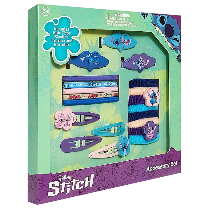LUV HER Disney Lilo & Stitch Girls' Hair Accessories Set - 20 Pack Stitch - Includes 3 Barrettes, 4 Snap Clips, 5 Elastics, 8 Terry Ponies - Everyday Wear, Special Occasions, Ages 3+