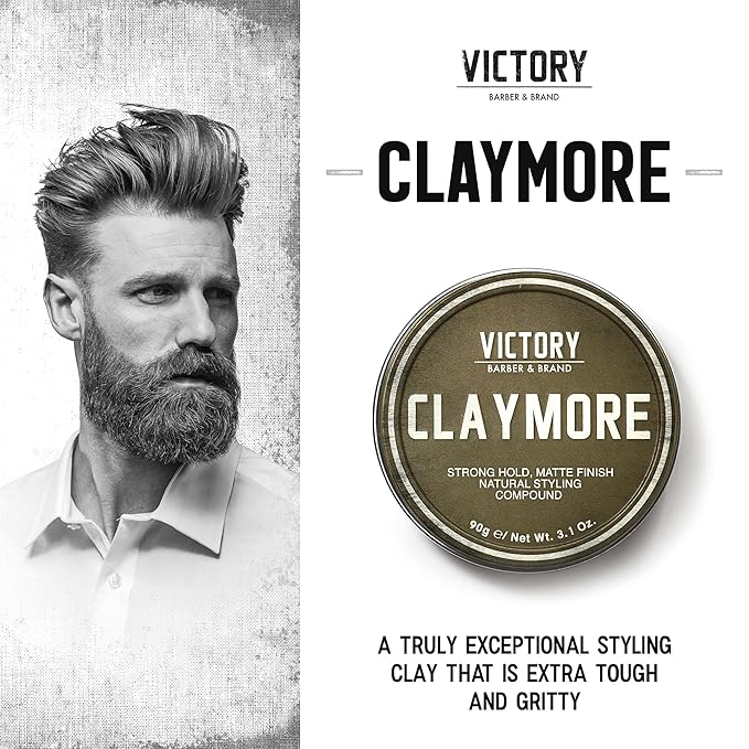 Victory Barber & Brand Claymore hair pomade for men | Strong Hold Matte Finish Men's Clay Pomade | made in usa | Designed by barbers, made for the rugged | Texturizing & Styling Clay 3.1 Oz