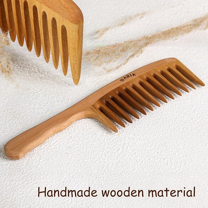 Wide Tooth Wooden Comb Handmade - Natural Vintage Style Wide Tooth Comb for Curls Gentle Styling - Anti-Static Wood Hair Combs For Women Detangling (Wide-tooth)