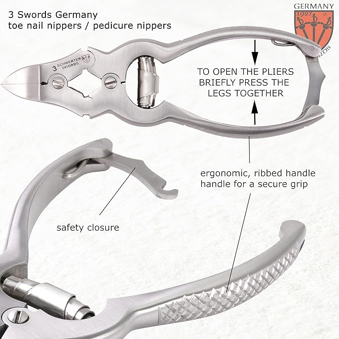 3 Swords Germany – Big Toe Nail NIPPERS - Extra Strong Toe Nail NIPPERS for Cutting Strong, Thick or ingrown Toe Nails - Stainless Steel Pedicure Tool with Synthetic Leather case