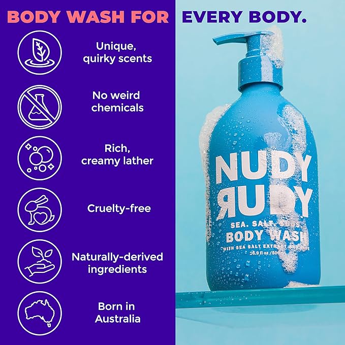Nudy Rudy Sea Salt Suds 2 Pack, Liquid Body Wash Bundle with Bonus Soap Bar, Aloe Vera and Vitamin E, Moisturizing Shower Gel and Hand Soap for Men and Women 16.9 fl oz and 4.2 oz