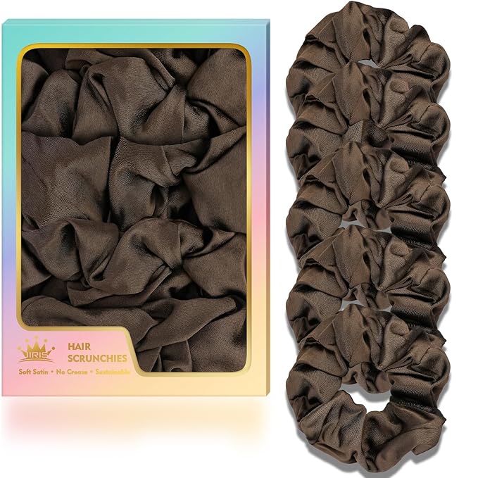 5Pcs Brown Satin Scrunchies for Women, Softer Than Silk Scrunchies, Fashion No Crease Hair Ties for Thin Thick Hair,Soft Hair Bands No Damage for Girls, Ideal Gifts for Women (Set 3)