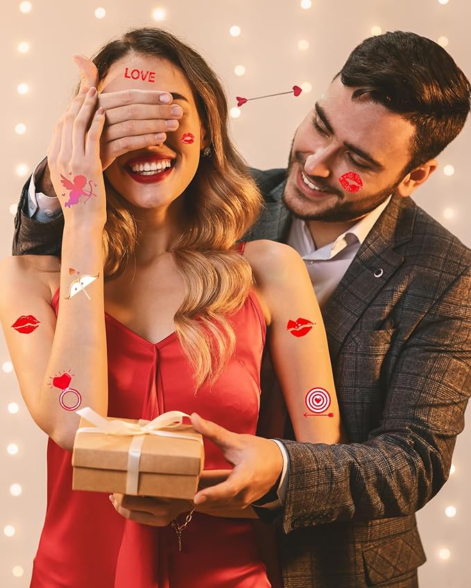 Temporary Tattoos for Kids, 12 Sheets Love Heart Confession Decorations for Classroom Girls Boys School Class Bday, 113pcs Pattern for Festivals and Parties (Red - Love)