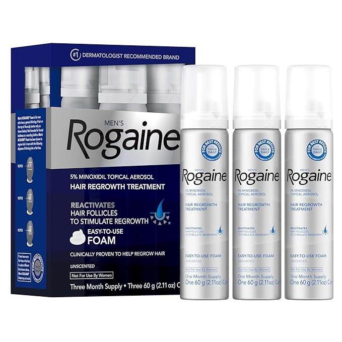 Men’s Rogaine 5% Minoxidil for Men Foam, Clinically Proven Regrowth for Thinning Hair, Topical Hair Loss Treatment, Unscented Topical Aerosol, Results in 8–16 Weeks, 3-Month Supply, 3 x 2.11 oz