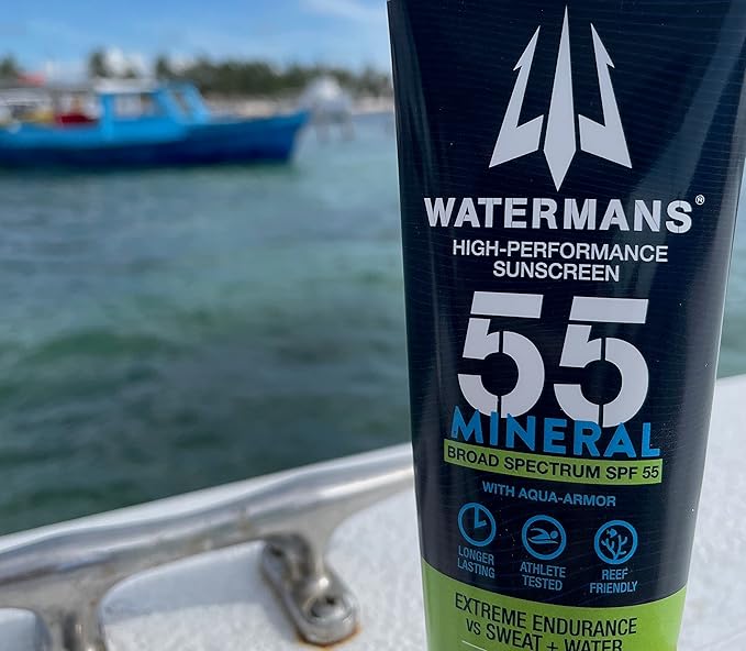 Watermans Mineral SPF 55 Sunscreen with Zinc, Aqua-Armor, Broad Spectrum Sunscreen for Face and Body, Reef Safe Sunscreen, Water Resistant, Mineral Sunscreen