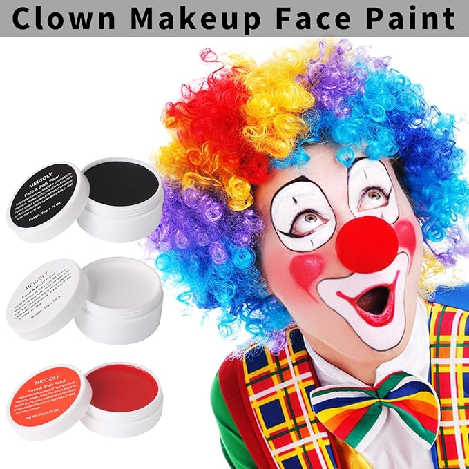MEICOLY Clown Makeup Kit,White Black Red Face Body Paint for Halloween Devil Joker Zombie Vampire Skeleton SFX Makeup,Pro Oil Based Body Paint with 6 Painting Brushes,4 Sponges,130g/4.59 oz
