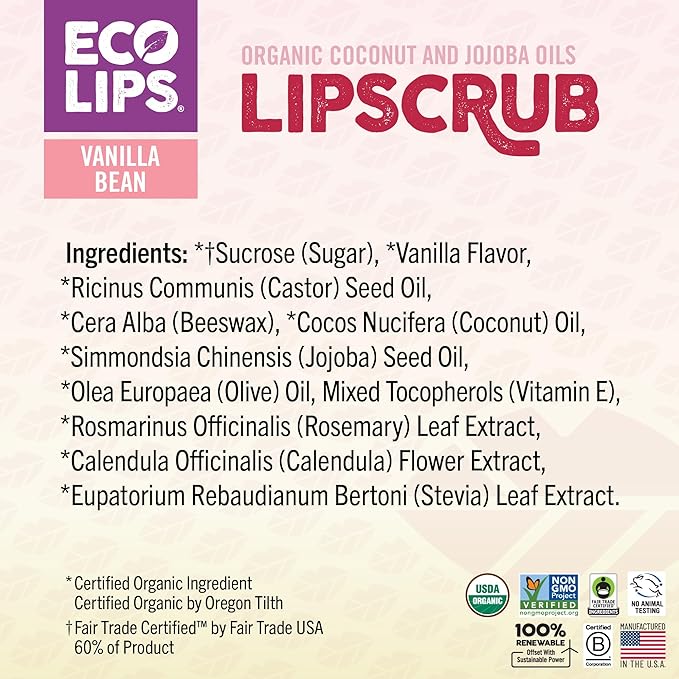 Eco Lips LIP SUGAR SCRUB 2 Pack (2-0.5oz jars) 100% Organic Lip Care Treatment with Organic Sugar & Coconut Oil - Gently Exfoliate & Polish Dry, Flaky Lips, 100% Edible (Vanilla Bean & Brown Sugar)