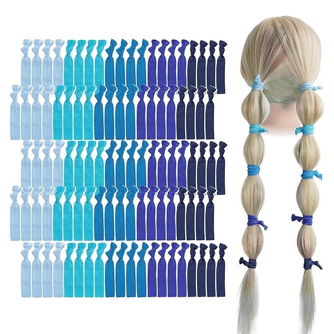 MEEDEE Ombre Blue Hair Accessories - 100 Pack Soft Ribbon Knotted Hair Ties for Women, No Crease, No Damage, Ouchless, Ideal for Ponytails, Yoga, and Bracelets