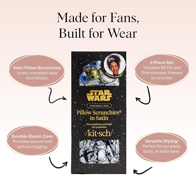 Kitsch x Star Wars R2-D2 & Stormtrooper Scrunchies for Women- Softer Than Silk Scrunchie - No Crease Hair Ties - Perfect For Day And Night Creaseless Hair Accessories for Girls | Ideal Gifts for Women
