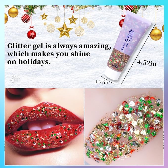 DAGEDA Christmas Body Glitter Gel, Gold Red Green Face Hair Glitter Makeup, Christmas Tattoos Accessories,Holographic Chunky Glitters, Shimmer Face Paint Singer Concert Rave Accessories 50ml