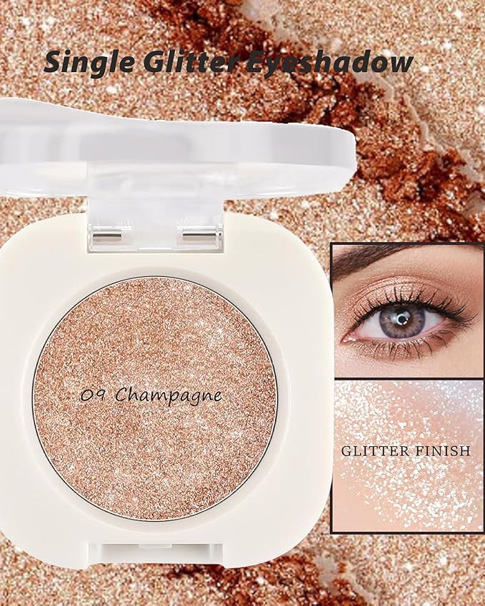 Single Glitter Eyeshadow, Sparkly Shimmer Glitter Eye Shadow Highlighter Palette Makeup, High Pigment Waterproof Champagne Pressed Eye Shadows Powder with Lightweight, Blendable for Daily Eye Look-09