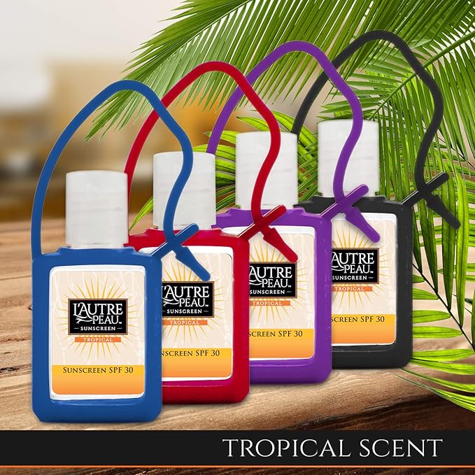 SPF 30 Sunscreen Multi-Pack by L'AUTRE PEAU | Travel Size Sunscreen for Men, Women & Kids | Non-Greasy, Water Resistant | Tropical Scent | TSA Approved | 4 Pack With Travel Strap