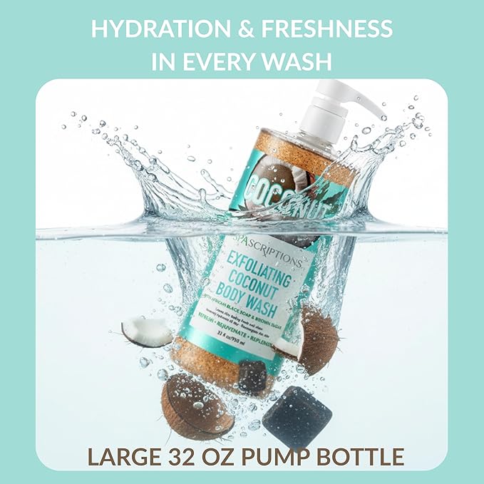 SpaScriptions Exfoliating Coconut Body Wash - 32 oz Scented Moisturizing Body Wash Scrub For Men and Women with African Black Soap for Smooth Skin and Brown Sugar for Gentle Exfoliation, Paraben Free