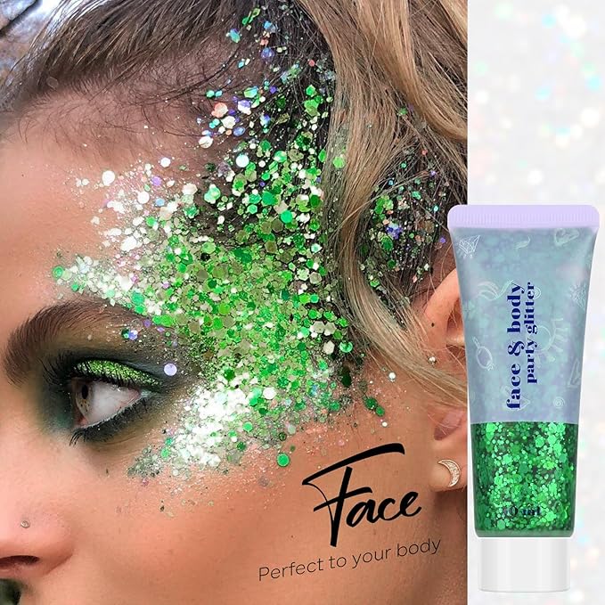 Green Face and Body Hair Glitter Gel, St Patricks Day Shamrock Face Paint Holographic Chunky Festival Rave Accessories Glitter Makeup, 6 Kinds of Sparkling Sequins for Hair Nail Eye Lip Body