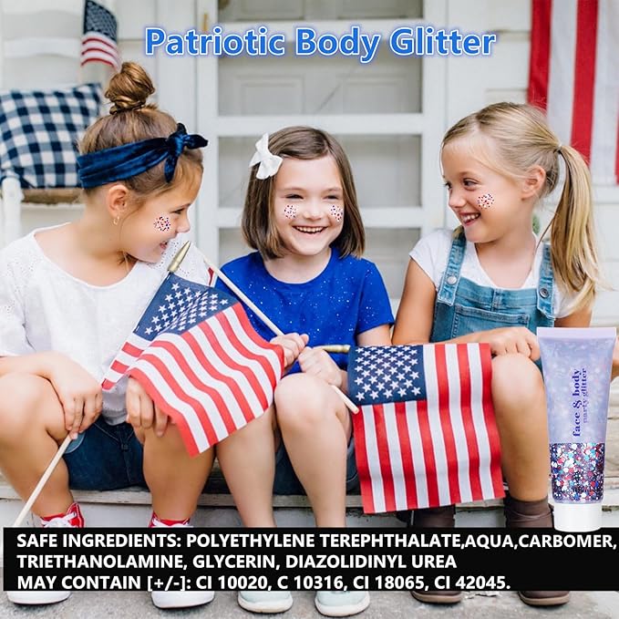 Go Ho Red White and Blue Body Glitter,Patriotic Pride Face Glitter Gel,4th of July Outfits for Women Reflective Glitters Makeup,Holographic Long Lasting Chunky Sequins,Fourth of July USA Accessories