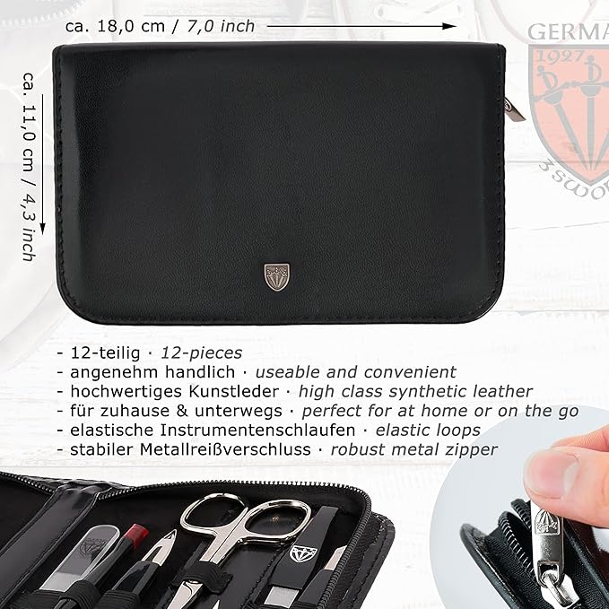 3 Swords Germany – Brand Quality 12 Piece Manicure Pedicure Grooming kit Set for Professional Finger & Toe Nail Care with Black Synthetic Leather case - Made in Germany