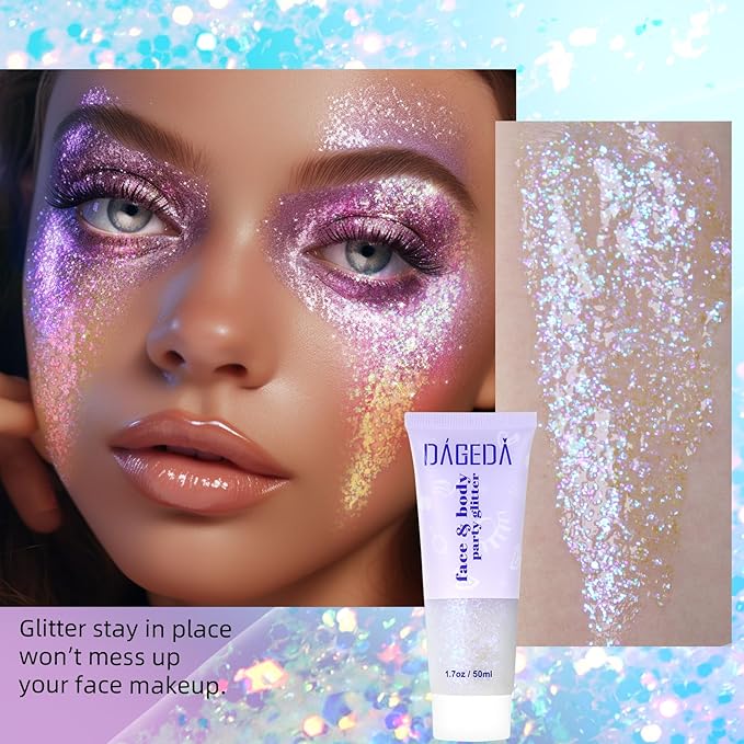 DAGEDA Body Glitter Gel, Holographic Face Glitters Body Gel Shimmer Liquid Eyeshadow, Color Changing Glitter for Face Hair Nails, Glitter Under Light Festival Glitter Makeup 1.7oz (Mystic Purple)