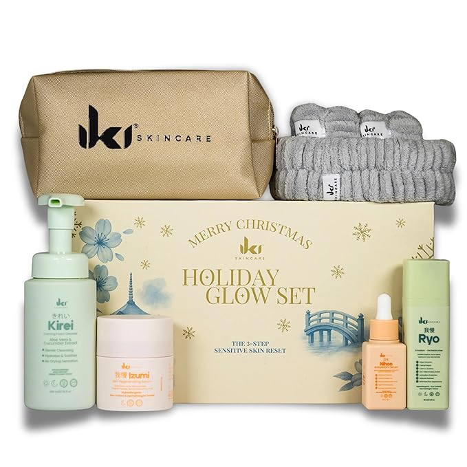 IKI Christmas Skin Care Set - 3-Step Sensitive Skin Reset with Foam Cleanser, 2 Serums, Gel Moisturizer, Soft Headband and Wristband and Travel Bag