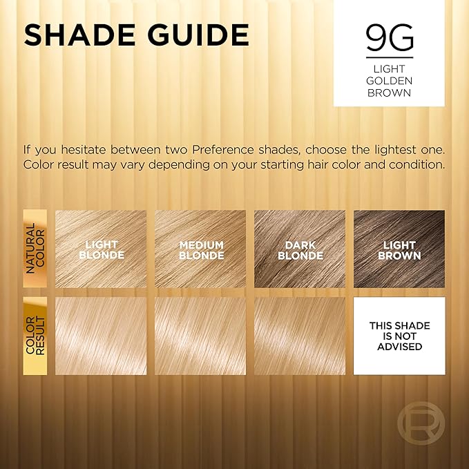 L'Oreal Paris Superior Preference Luminous Fade-Defying Permanent Hair Color, Hair Dye For Up to 9 Weeks of Radiance, Light Golden Blonde 9G, 1 Hair Dye Kit