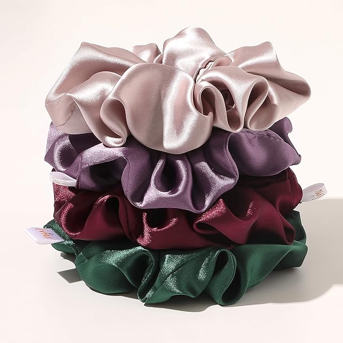 Silk Scrunchies for Girls and Women - Cute Hairties for Thick, Curl, or Fine Hair, No Crease Soft Hair Accessories, Ponytail Holders (Burgundy, Purple, Pink, Green)