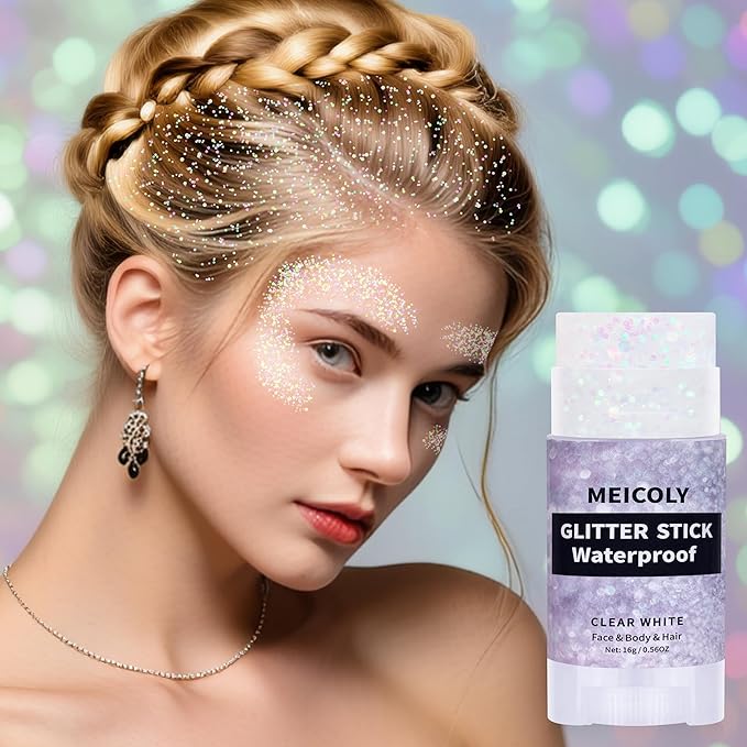 MEICOLY Clear White Face Body Glitter Stick,Hair Glitter Stick for Women,Sparkle Chunky Glitter Makeup,Waterproof Face Glitter for Party Rave Festival