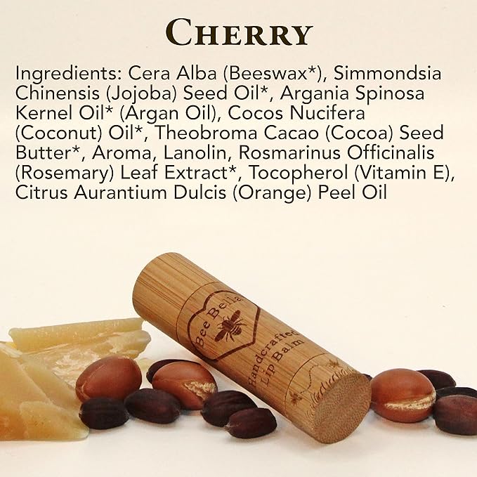 Bee Bella Lip Balm, Cherry, 3 Pack - Moisturizing Lip Care, 100% Natural, Original Organic Beeswax with Vitamin E, Handmade in USA, Gift Item