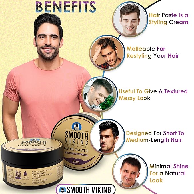 Smooth Viking Hair Paste for Men - Hair Styling Cream with Minimal Shine & Medium Hold Hair Products for Men, Hair Cream for Men, Styling Paste for Textured Messy Hairstyle - Made in USA, 2oz