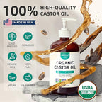 SYLVANA Organic Castor Oil (16oz Glass Bottle), USDA Certified Organic, Cold Pressed, Vegan, Hexane Free - 100% Pure Castor Oil for Nourishing Skin, Hair Growth, Lashes & Eyebrows