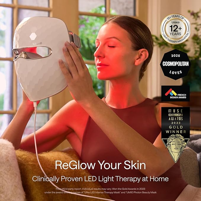 Ulike ReGlow LED Light Therapy Mask, Red Light Therapy for Face, 4 Modes with Red, Blue, Yellow & Infrared Lights for Reduce Acne & Anti-Aging, Eye-Protection, 272 Beads, Remote Control,White