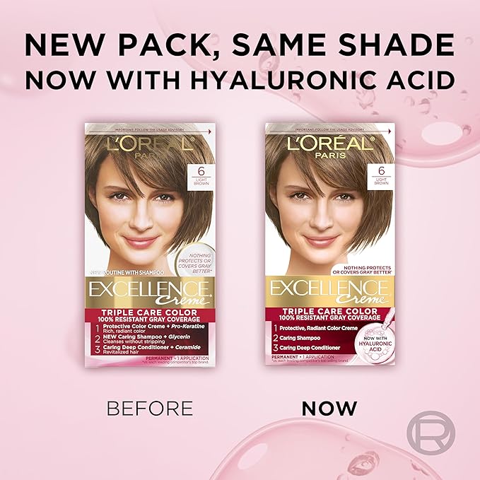 L'Oreal Paris Excellence Crème Permanent Hair Dye, Triple Care Hair Color with Pro-Keratine Complex for 100% Gray Hair Coverage, 6 Light Brown, 1 Kit