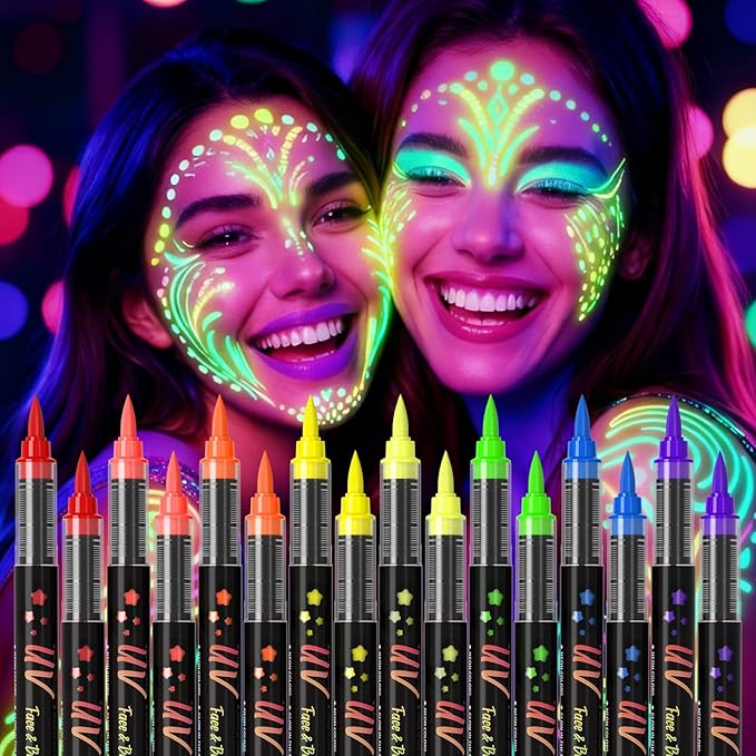 16-color luminous body painting, UV neon face painting pen, luminous face painting kit, washable skin tattoo pen, Halloween party makeup (16 colors)