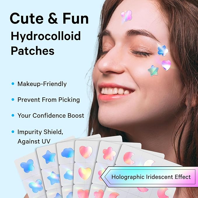 Sosky Hologram Pimple Patches for Face, Hydrocolloid Acne Patches with Salicylic Acid, Cute Star Zit Stickers,Colorful Blemish Covers,48 Count Blue Butterfly