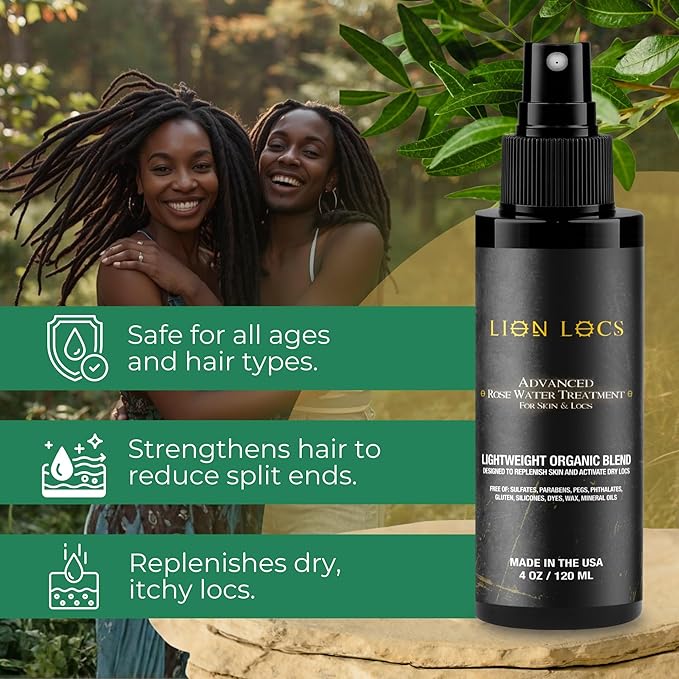 Lion Locs Rosewater Spray for Dreads, Dreadlocks, Braids, Faux, Crochet, Sisterlocks with Aloe, Essential Oils, Vitamins, and Glycerin | Organic Vegan Conditioner Rose Water Spritz (8 oz.)
